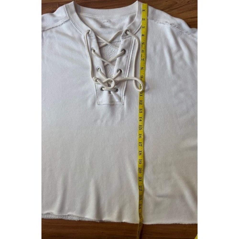 Aerie Lace Up V-Neck Sweatshirt White Boxy Raw Hem‎ Large - Picture 6 of 8